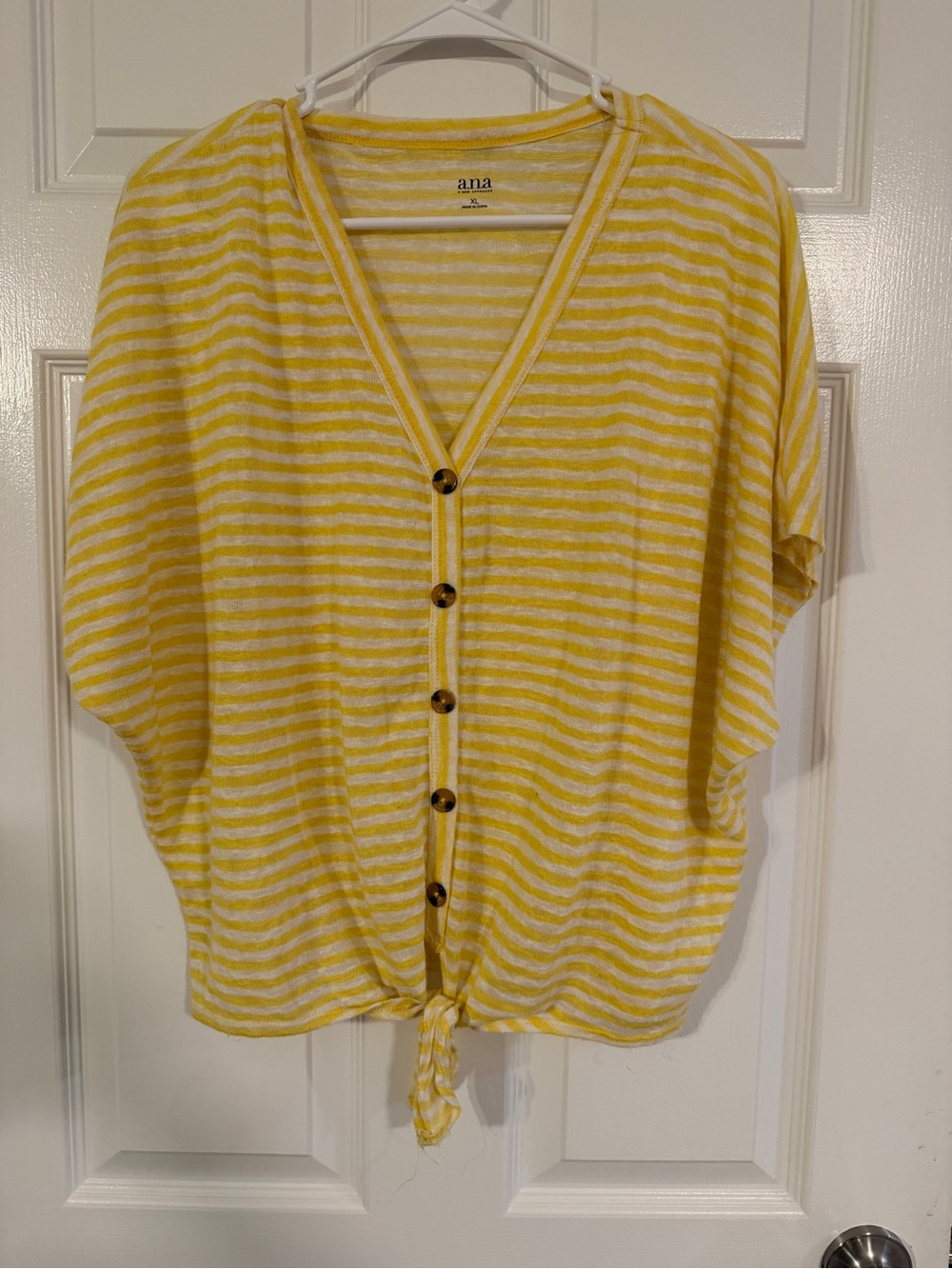 a.n.a Yellow & White Striped Button-Front Tie Hem Blouse